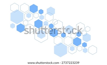 A flowing, wavy arrangement of blue and white hexagons of various sizes and opacities on a white background.