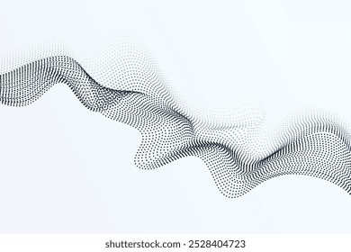 Flowing wavy dynamic particles on a white background. This abstract particle motion represents modern science and technology concepts, ideal for futuristic app