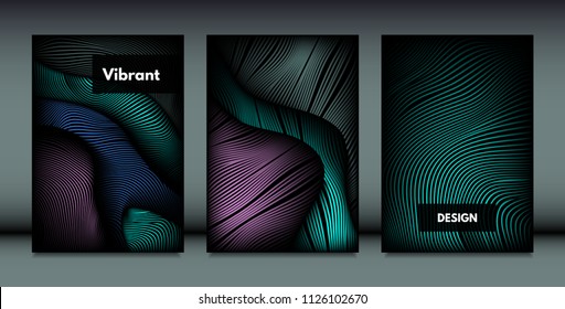 Flowing Wavy Lines in Movement. Abstract Backgrounds with Vibrant Gradient and Metallic Effect in Futuristic Style. 3D Vector Abstraction with Distortion of Shapes. Wavy Lines for Cover, Brochure.