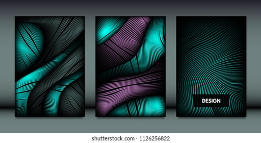 Flowing Wavy Lines in Movement. Abstract Backgrounds with Vibrant Gradient and Metallic Effect in Futuristic Style. 3D Vector Abstraction with Distortion of Shapes. Wavy Lines for Cover, Brochure.
