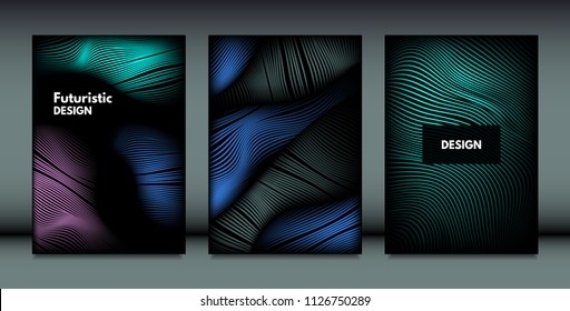 Flowing Wavy Lines in Movement. Abstract Backgrounds with Vibrant Gradient and Metallic Effect in Futuristic Style. 3D Vector Abstraction with Distortion of Shapes. Wavy Lines for Cover, Brochure.