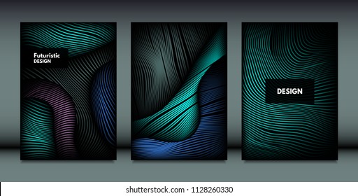 Flowing Wavy Lines in Movement. Abstract Backgrounds with Vibrant Gradient and Metallic Effect in Futuristic Style. 3D Vector Abstraction with Distortion of Shapes. Wavy Lines for Cover, Brochure.