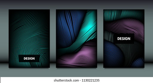 Flowing Wavy Lines in Movement. Abstract Backgrounds with Vibrant Gradient and Metallic Effect in Futuristic Style. 3D Vector Abstraction with Distortion of Shapes. Wavy Lines for Cover, Brochure.