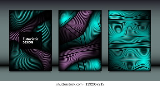 Flowing Wavy Lines in Movement. Abstract Backgrounds with Vibrant Gradient and Metallic Effect in Futuristic Style. 3D Vector Abstraction with Distortion of Shapes. Wavy Lines for Cover, Brochure.