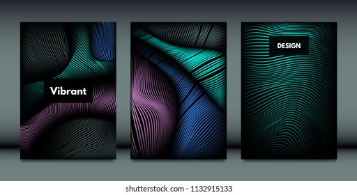 Flowing Wavy Lines in Movement. Abstract Backgrounds with Vibrant Gradient and Metallic Effect in Futuristic Style. 3D Vector Abstraction with Distortion of Shapes. Wavy Lines for Cover, Brochure.