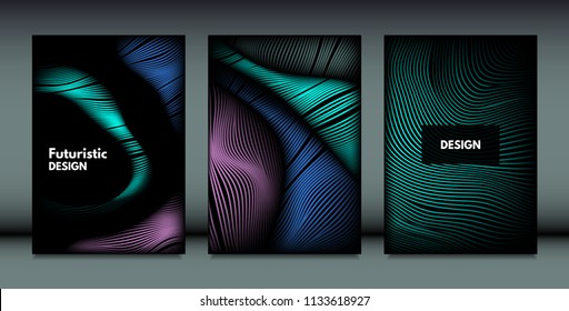 Flowing Wavy Lines in Movement. Abstract Backgrounds with Vibrant Gradient and Metallic Effect in Futuristic Style. 3D Vector Abstraction with Distortion of Shapes. Wavy Lines for Cover, Brochure.