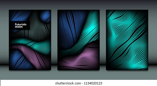 Flowing Wavy Lines in Movement. Abstract Backgrounds with Vibrant Gradient and Metallic Effect in Futuristic Style. 3D Vector Abstraction with Distortion of Shapes. Wavy Lines for Cover, Brochure.