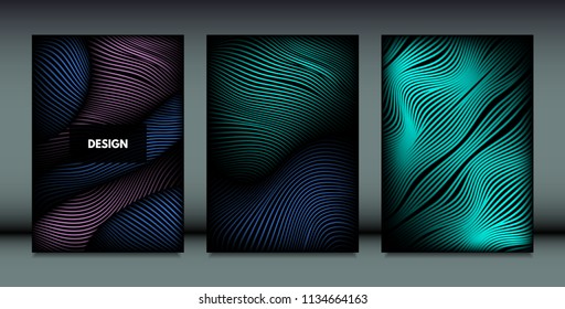 Flowing Wavy Lines in Movement. Abstract Backgrounds with Vibrant Gradient and Metallic Effect in Futuristic Style. 3D Vector Abstraction with Distortion of Shapes. Wavy Lines for Cover, Brochure.