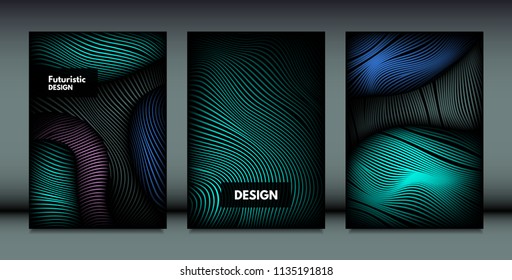 Flowing Wavy Lines in Movement. Abstract Backgrounds with Vibrant Gradient and Metallic Effect in Futuristic Style. 3D Vector Abstraction with Distortion of Shapes. Wavy Lines for Cover, Brochure.