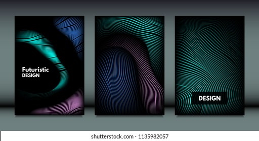 Flowing Wavy Lines in Movement. Abstract Backgrounds with Vibrant Gradient and Metallic Effect in Futuristic Style. 3D Vector Abstraction with Distortion of Shapes. Wavy Lines for Cover, Brochure.