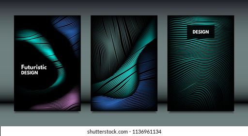 Flowing Wavy Lines in Movement. Abstract Backgrounds with Vibrant Gradient and Metallic Effect in Futuristic Style. 3D Vector Abstraction with Distortion of Shapes. Wavy Lines for Cover, Brochure.