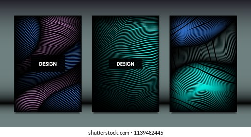 Flowing Wavy Lines in Movement. Abstract Backgrounds with Vibrant Gradient and Metallic Effect in Futuristic Style. 3D Vector Abstraction with Distortion of Shapes. Wavy Lines for Cover, Brochure.