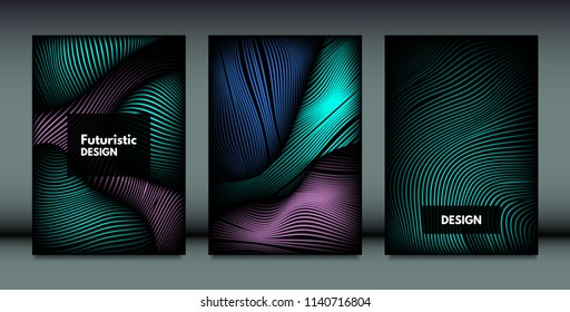 Flowing Wavy Lines in Movement. Abstract Backgrounds with Vibrant Gradient and Metallic Effect in Futuristic Style. 3D Vector Abstraction with Distortion of Shapes. Wavy Lines for Cover, Brochure.