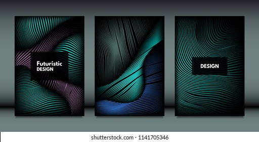 Flowing Wavy Lines in Movement. Abstract Backgrounds with Vibrant Gradient and Metallic Effect in Futuristic Style. 3D Vector Abstraction with Distortion of Shapes. Wavy Lines for Cover, Brochure.