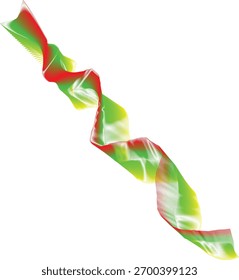 A flowing, wavy ribbon composed of red, green, and yellow lines against a white background.