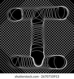 Líneas blancas fluidas y onduladas que forman una letra abstracta I sobre un fondo de cuadrícula de diamante.