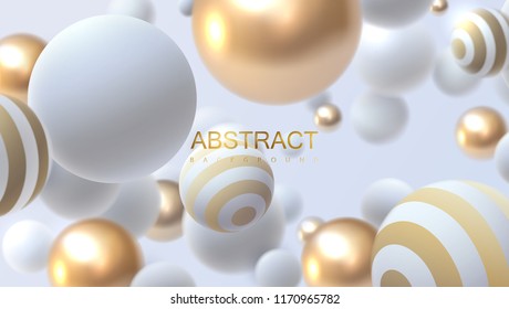 Flowing white and golden soft spheres. Vector realistic illustration. Abstract background with 3d geometric shapes. Modern cover design. Ads banner or brochure template. Dynamic wallpaper