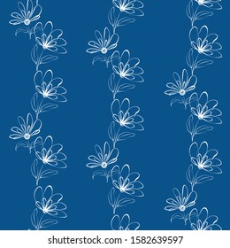 Flowing white hand drawn flowers and leaves in vertical geometric style design. Seamless vector pattern on blue background. Great for wellness, health, summer products, packaging, stationery, texture