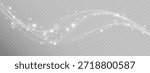 Flowing white light wave with sparkling particles on transparent background.