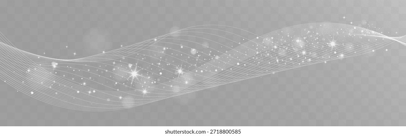 Onda de luz blanca que fluye con partículas brillantes sobre fondo transparente.