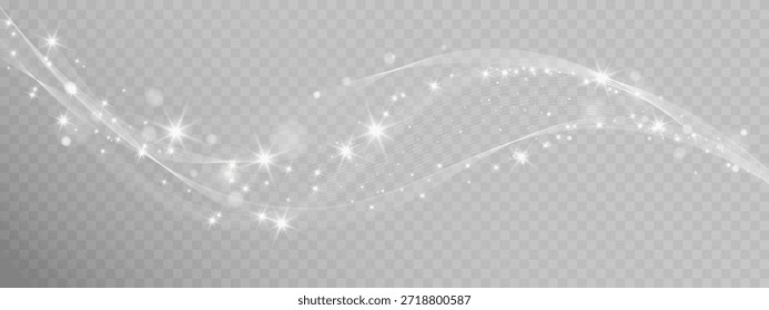 Flowing white light wave with sparkling particles on transparent background.
