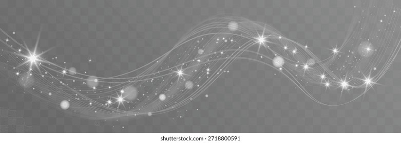 Onda de luz blanca que fluye con partículas brillantes sobre fondo transparente.