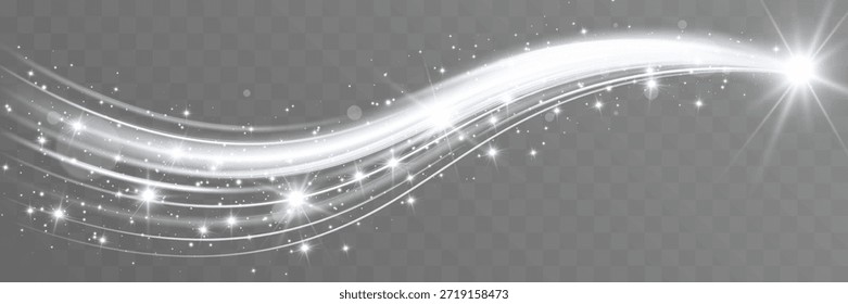 Weiße Lichtwelle mit funkelnden Sternen und hellem Fokus auf transparentem Hintergrund.