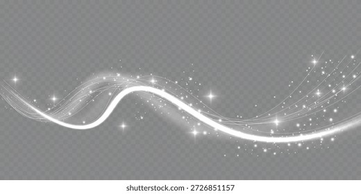 Onda de luz branca fluindo com partículas cintilantes no fundo transparente.