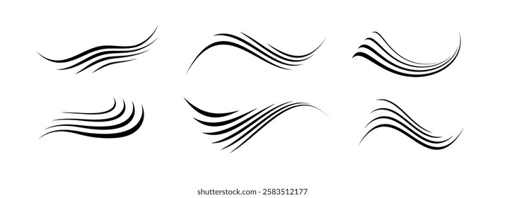 Flowing wind motion line set. Air wave shape collection. Blowing hurricane, breeze or storm lines concept. Black swirls, curves and spirals bundle. Air movement and gust symbol pack. Vector 