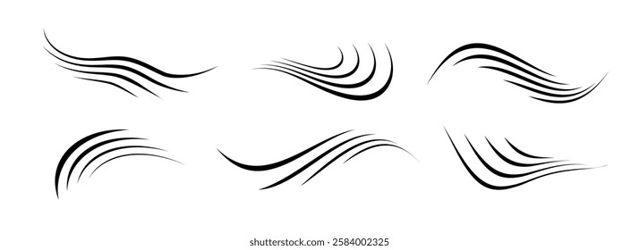 Flowing wind motion line set. Air wave shape collection. Blowing hurricane, breeze or storm lines concept. Black swirls, curves and spirals bundle. Vector air movement and gust symbol pack