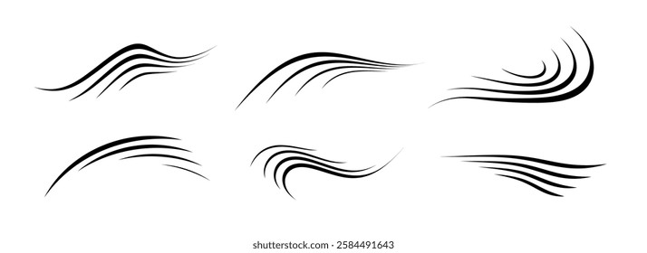 Flowing wind motion line set. Air wave shape collection. Blowing hurricane, breeze or storm lines concept. Black swirls and curves bundle. Vector flow movement and gust symbol pack