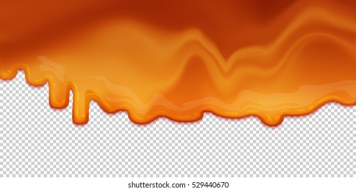 Flowing yellow caramel glaze isolated on transparent background abstract. Melt sweet cream. Editable - Easy change colors. Vector illustration. Tasty caramel topping