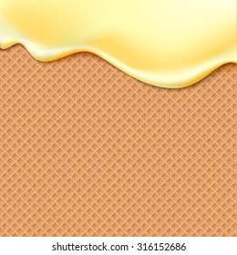 Esmalte amarelo fluindo na textura wafer fundo vetor de alimentos doces abstrato. Derreta sorvete de gelo em padrão sem costura de waffle. Editável - Mudança fácil de cores.