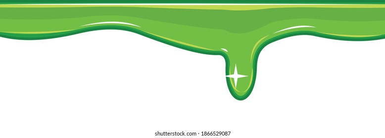 Flows of green fluid. Thick flowing paint. Slime. The drops are slipping. The isolated object on a white background. Flat cartoon style. Frame. Vector