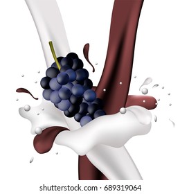 Flows hot chocolate, blue grapes  and milk. Vector.