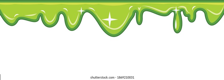 Flows of light green fluid. Thick flowing paint. Slime. The drops are slipping. The isolated object on a white background. Flat cartoon style. Shine. Frame. Vector