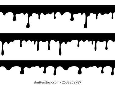 Flujos de pintura líquida, derretir caramelo, tinta, aceite, miel o sangre. Bordes sin costuras en forma de goteo de leche, agua, crema o cera derretida. Patrón de fuga de pintura negra con gotas, Ilustración vectorial