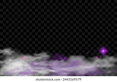 Flows of magic dust with glitter particles and sparkles. Vector realistic set of flowing violet clouds of fog or steam with shimmer isolated on black background