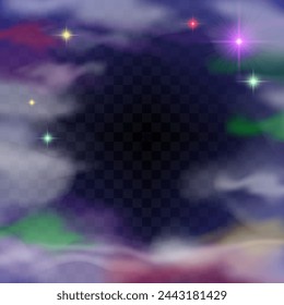 Flows of magic dust with glitter particles and sparkles. Vector realistic set of flowing violet clouds of fog or steam with shimmer isolated on black background