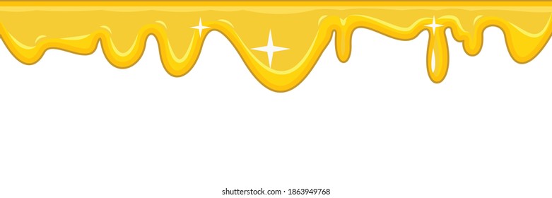 Flows of yellow fluid. Honey. Thick flowing paint. Sweet cream or mucus. The drops are slipping. The isolated object on a white background. Frame. Vector