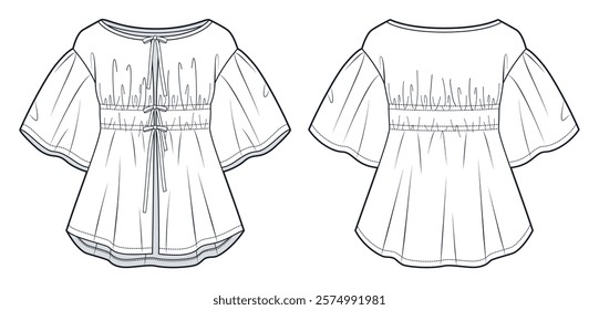 Flowy Blouse with Ties and Puff Sleeves technical fashion Illustration. Tunic Blouse fashion flat technical drawing template, draped, flared, loose fit, front and back view, white, women CAD mockup.