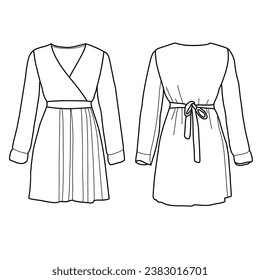 Flowy dress vector. Flat dress apparel template front and back isolated on a white background.