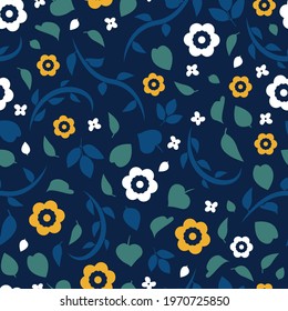 Flowy Scandi folk floral design. Vintage, bohemian, Scandinavian style illustrated flowers and leaves in navy, blue, green, yellow and white. Seamless vector repeat background texture pattern art.