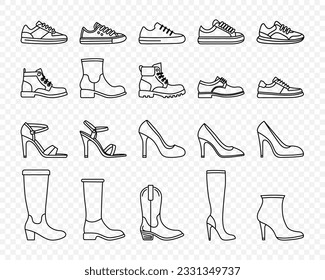 Flta Vector Linear Male and Female Shoes Icon Set Isolated. Sneakers, Shoes, Boots Footwear Icons.