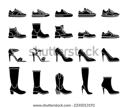 Flta Vector Silhouette Male and Female Shoes Icon Set Isolated. Sneakers, Shoes, Boots Footwear Icons