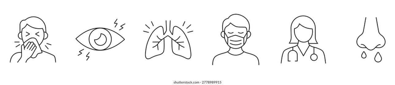 Flu and allergy line icon set featuring sneezing, itchy eyes, lungs, face mask, doctor, runny nose, virus and medicine. editable stroke vector set. professional medical icons.