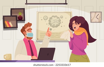 Flu cartoon composition with coughing patient and doctor vector illustration