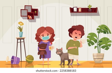 Flu cartoon concept with children having cold virus symptoms vector illustration