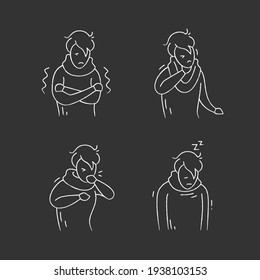 Flu chalk icons set.Fever.Headache.Muscle or back aches.Sore throat.Coronavirus symptoms.Health problem.Isolated vector illustration on chalkboard