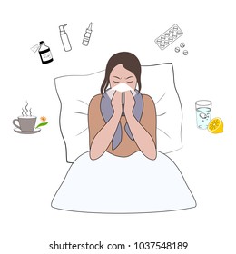 Flu cold or allergy symptom cartoon. Woman suffering from flu in bed with temperature sneezing into handkerchief. Flu treatments concept vector illustration isolated on white background.